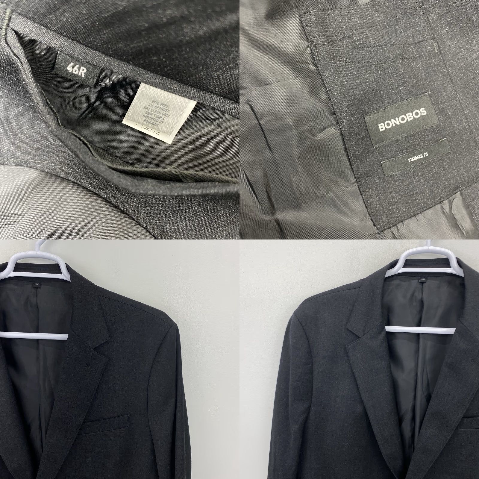 Bonobos Bonobos Blazer Mens size 46R Casual Two-Piece Suit Jacket Coat Wool Gray Notch Lapel Single-Breasted 2-Button Front Indoor: Dry Clean Only Mens Size 46R - 8 Thumbnail