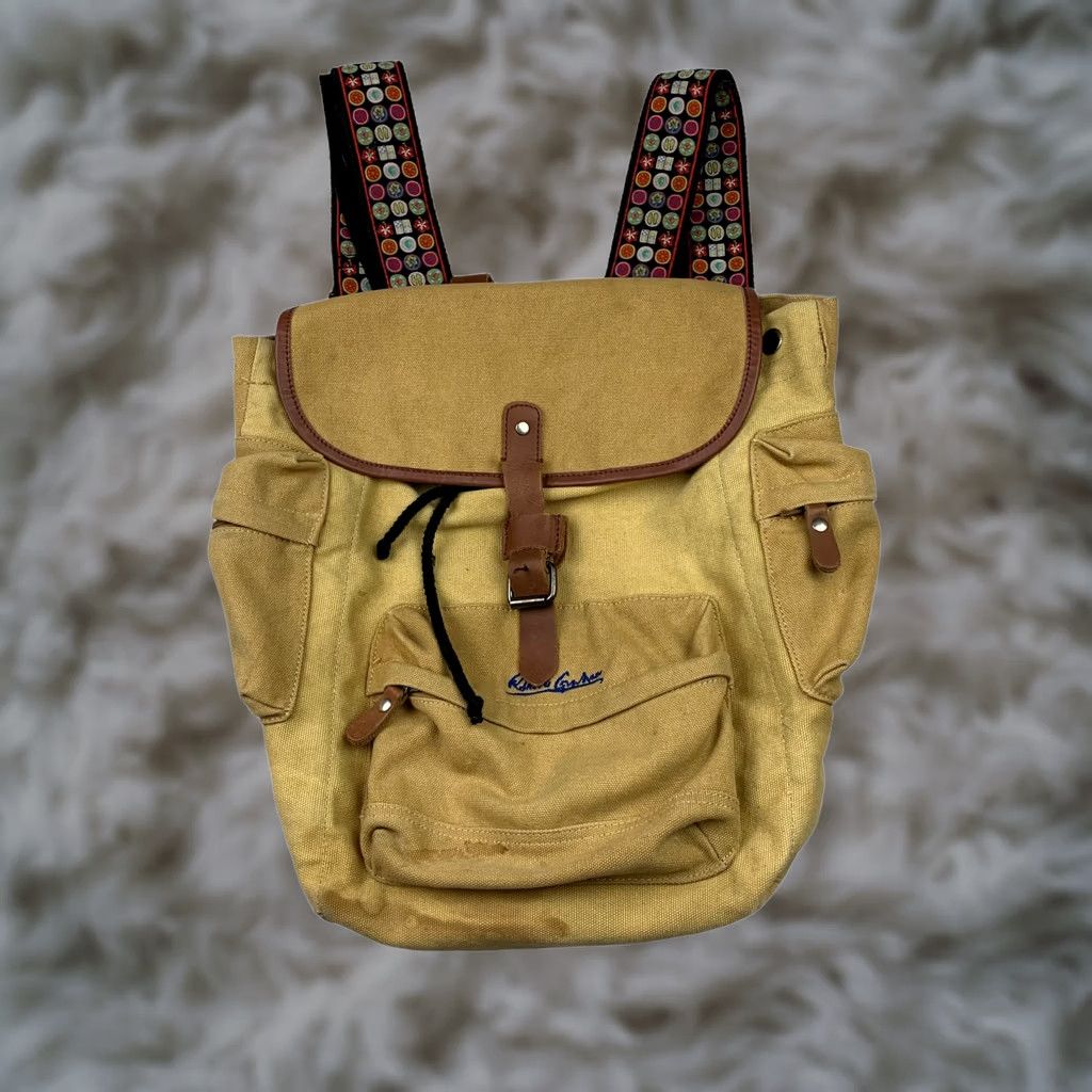 Robert Graham Robert Graham Backpack/Book Bag Beige/Tan Canvas Leather Trim Drawstring Adult Medium Mens Size ONE SIZE - 1 Thumbnail