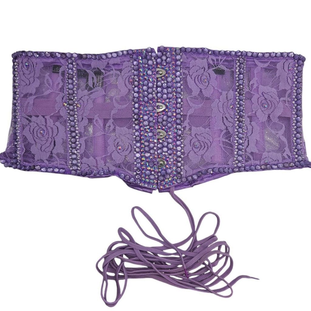 Vintage Purple Lace Corset Hand-Embellished with Rhinestones Size ONE SIZE - 3 Thumbnail