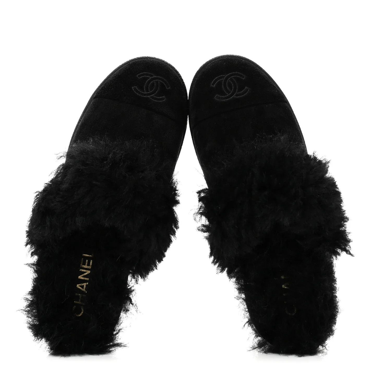 Chanel os11x0526 Suede Shearling CC Cap Toe Mules in Black Size US 9 / IT 39 - 2 Thumbnail