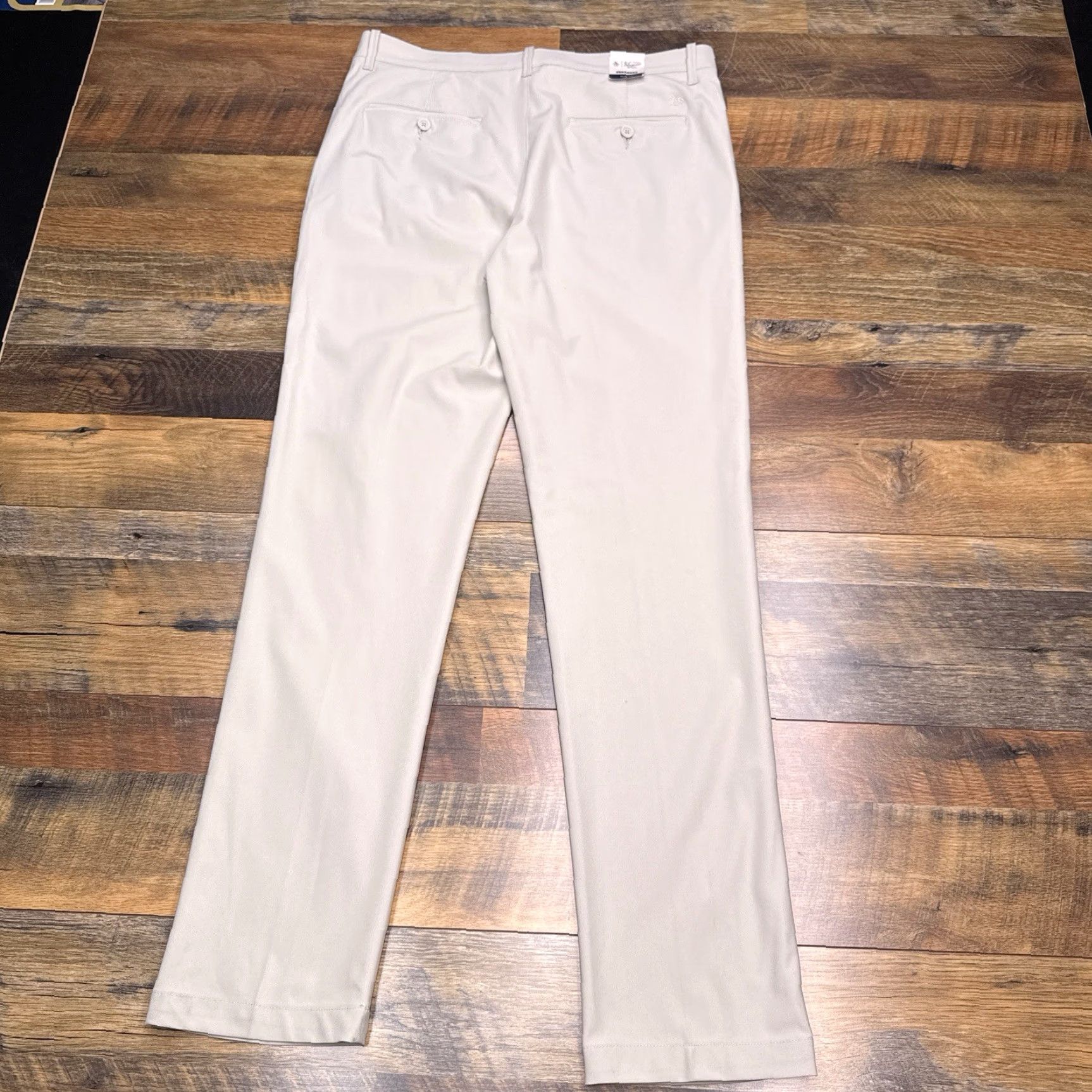 Vintage Penguin Mens Slim Pants 33x32 Beige Mid Rise Stretch Chino Straight Pocket Button Zip Business Casual Workwear New Size US 33 - 3 Thumbnail