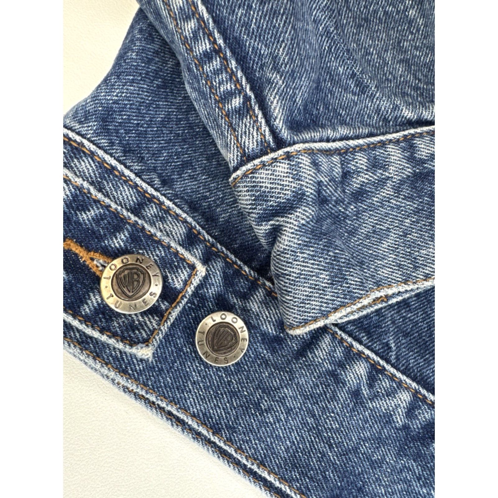 Vintage VINTAGE Warner Bros Denim Jean Jacket M US Flag USA 90s Taz Looney Tunes Mens Jacket Blue Cotton Bomber Style Size US 31 - 3 Thumbnail
