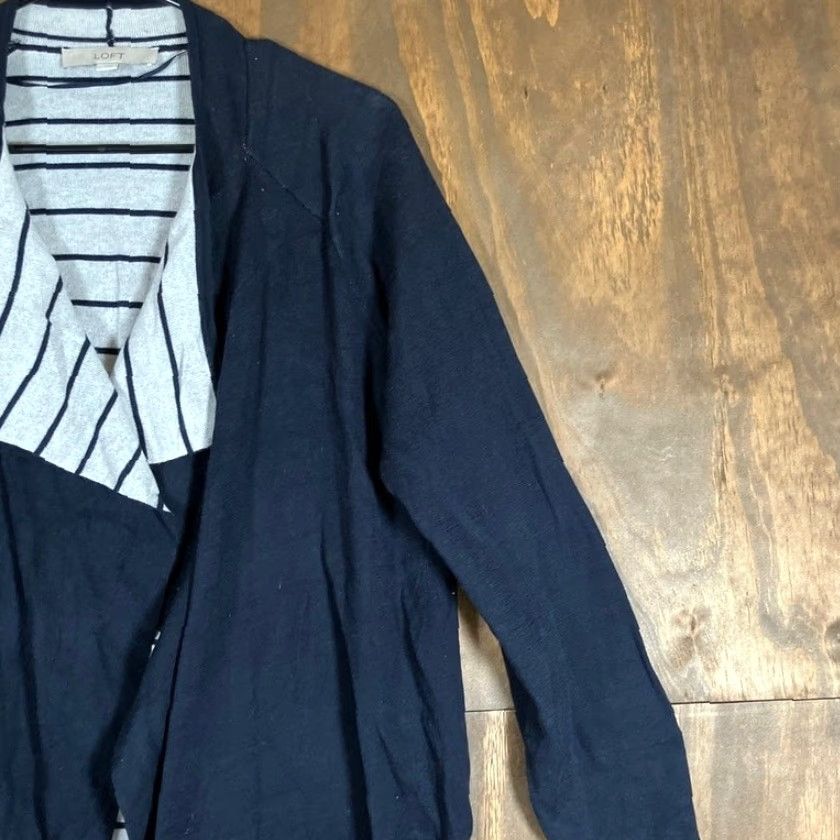 Loft Ann Taylor LOFT Womens Cardigan Navy Blue Striped Open Draped Knit Sweater L Size L / US 10 / IT 46 - 5 Thumbnail