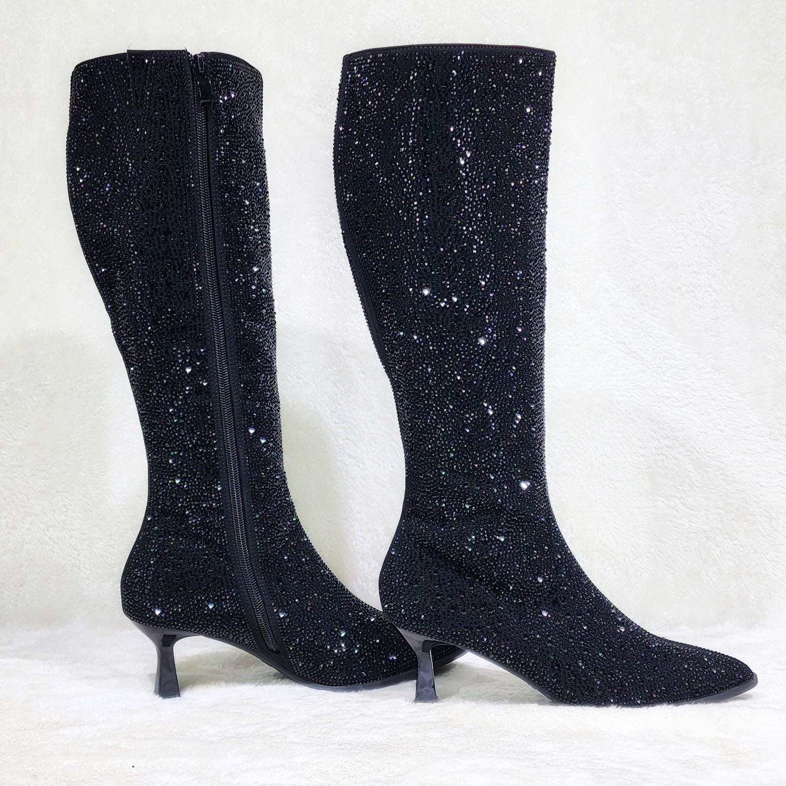 Other Black Rhinestone Knee Boots 2.5" Heels Wide Calf Friendly Size US 7.5 / IT 37.5 - 3 Thumbnail