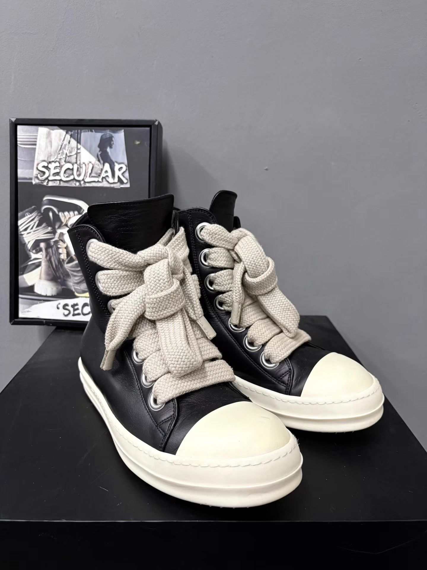 Rick Owens Rick Owens Black White Leather Thick Lace High Sneakers K34 Size US 7 / EU 40 - 3 Thumbnail