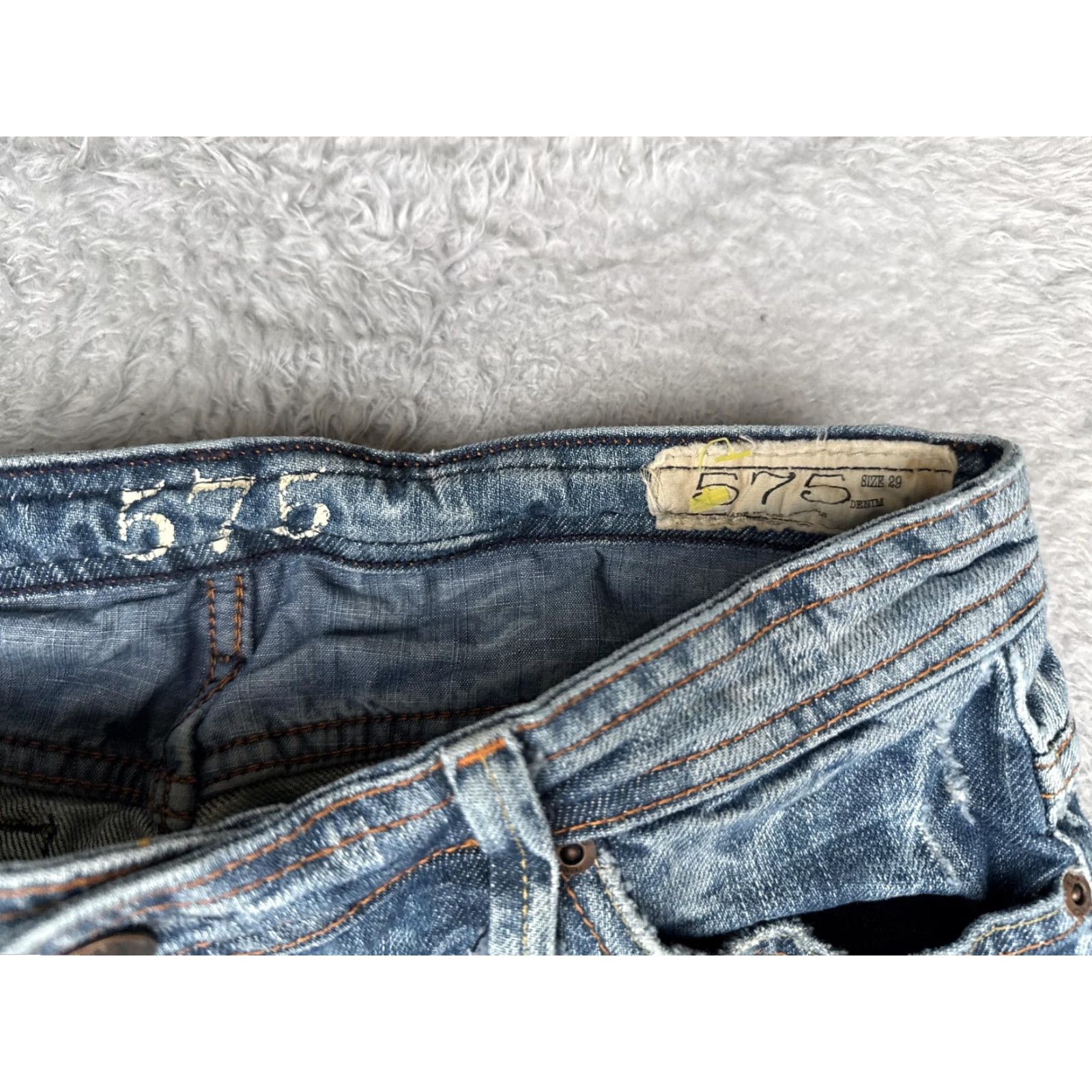 Denime 575 Denim Jeans Womens 29 Blue Medium Wash Mid Rise Flared Stretch Distressed 5-Pocket Pockets Size 29" - 6 Thumbnail