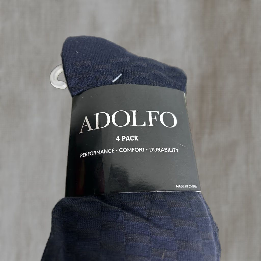 Vintage Adolfo Men Dress Socks Dark Blue With Patterns 4 Pairs 6.5-12 Moisture Wicking Thigh High Business Socks Size ONE SIZE - 1 Thumbnail