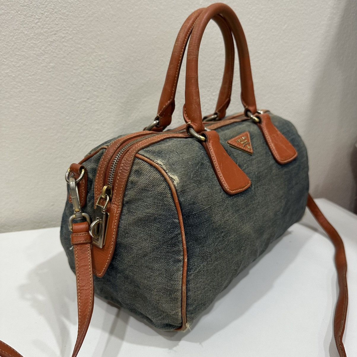 Prada PRADA DISTRESSED DENIM BAULETTO 2 WAY BOSTON BAG Size ONE SIZE - 4 Thumbnail