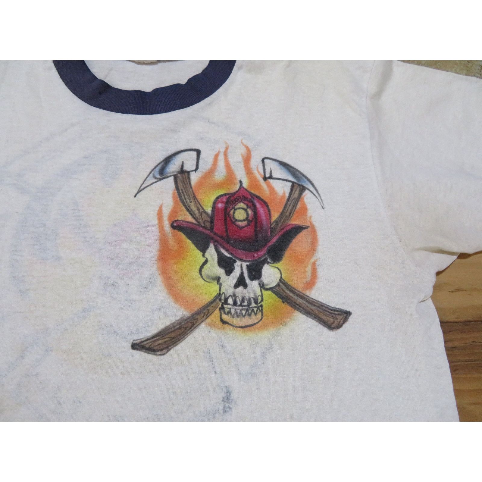 Other Firefighter Airbrushed Art T-shirt, White Ringer Sz M 1980s Size US M / EU 48-50 / 2 - 4 Thumbnail