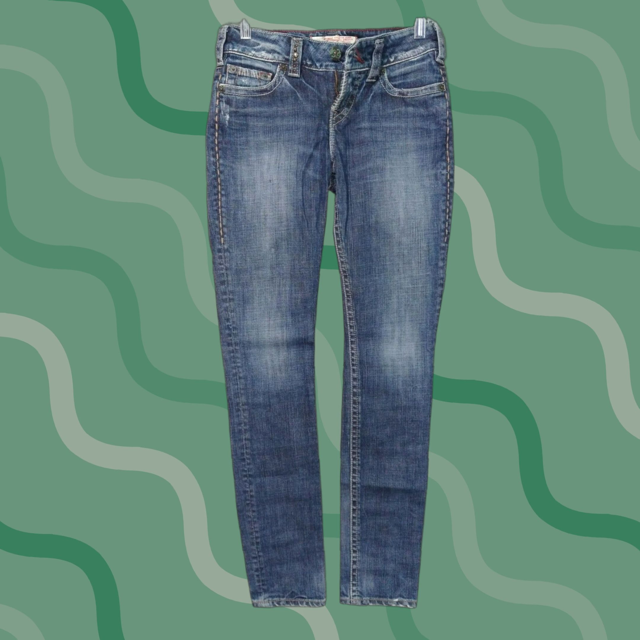 Vintage Silver Jeans Womens 25/32 Blue Denim Japanese Ringspun Skinny Leg Low Rise Size 42" / US 20 - 1 Thumbnail