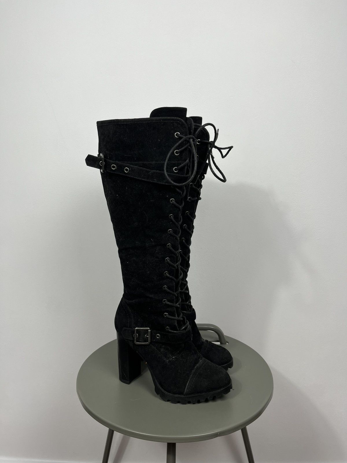 Other Black Suede Knee High Lace Up Platform Heeled Boots US 9 Size US 9 / IT 39 - 1 Thumbnail
