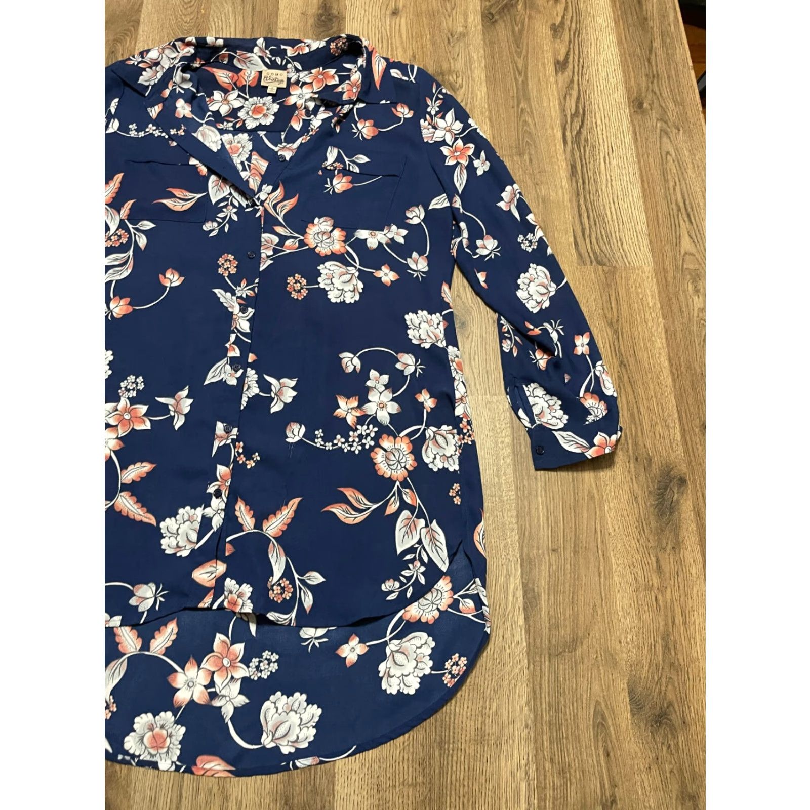Vintage Como Shirt, Womens Medium Blue White Pink Floral Long Sleeve Button Up Size M / US 6-8 / IT 42-44 - 4 Thumbnail