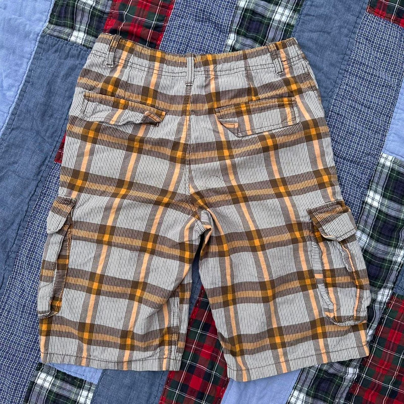 Vintage Vintage Y2K 2000s Orange Brown Plaid Hi Waist Cargo Shorts 