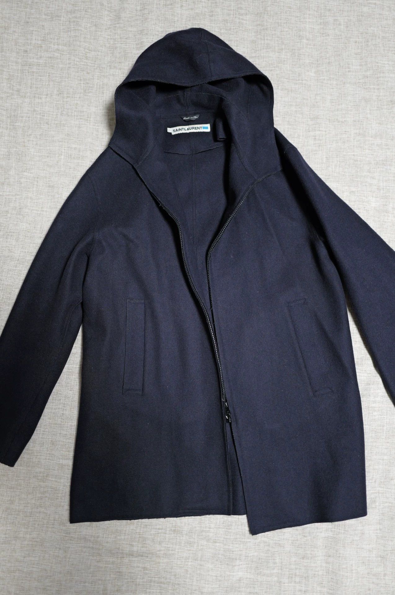 Yves Saint Laurent YSL Hedi Slimane Navy Hooded Zipper Wool Short Vintage Coat Size US S / EU 44-46 / 1 - 1 Thumbnail