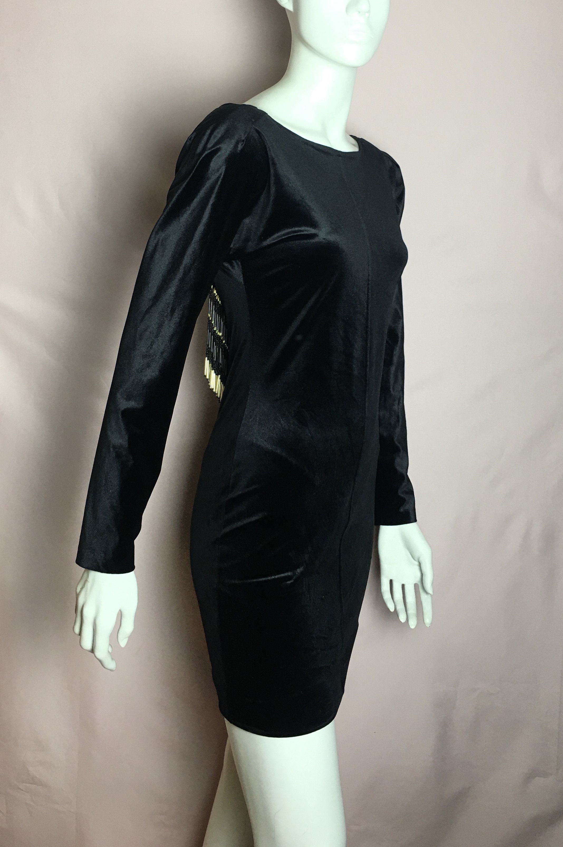 Vintage Vintage Ritmo di Perla Black Velvet Dress V-Back Gold Fringe Size L / US 10 / IT 46 - 5 Thumbnail