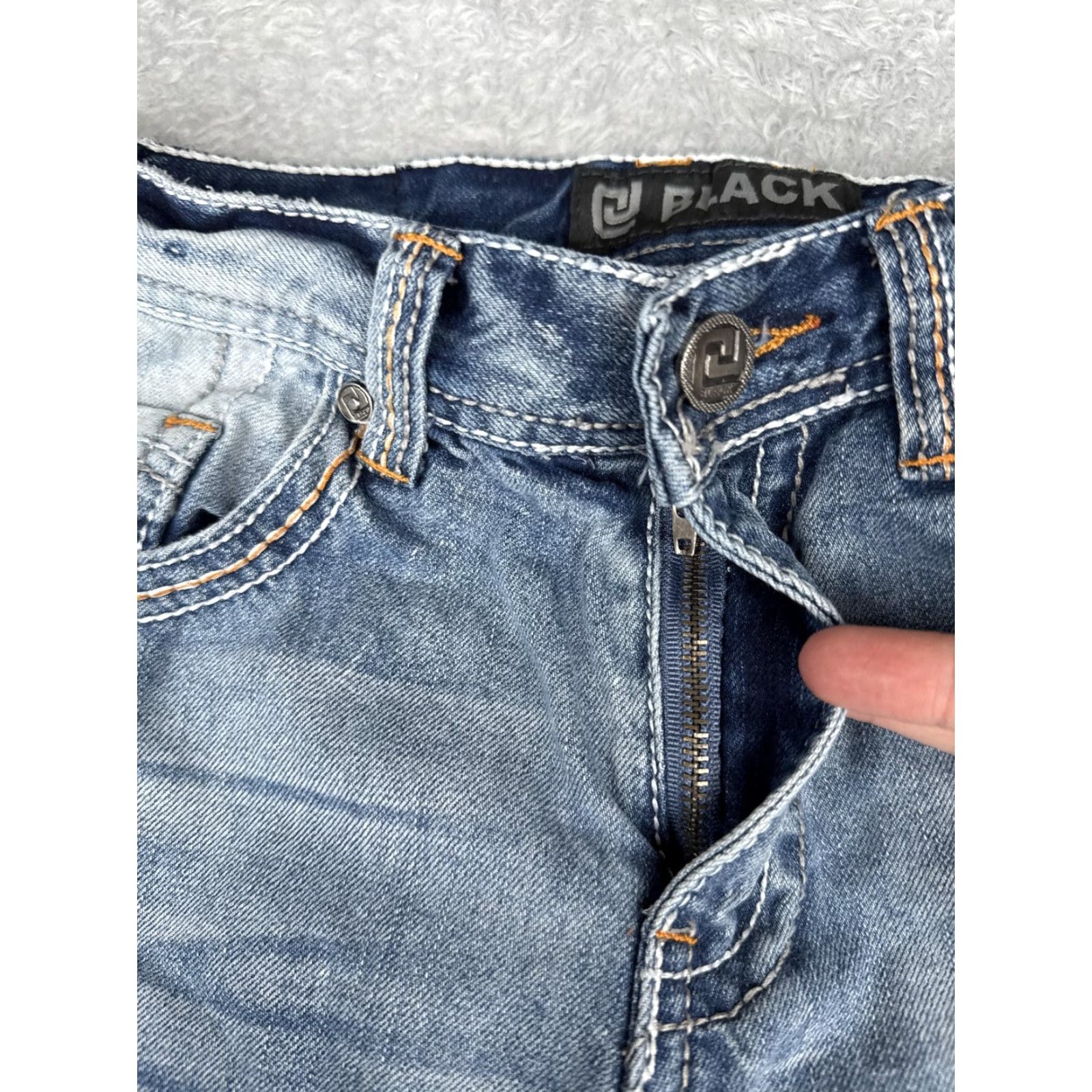 Denime CJ Black Jeans Mens 30x30 Light Blue Wash Bootcut Denim 5-Pocket Contrast Stitch Embroidered Back Pockets Stretch Size US 30 / EU 46 - 5 Thumbnail