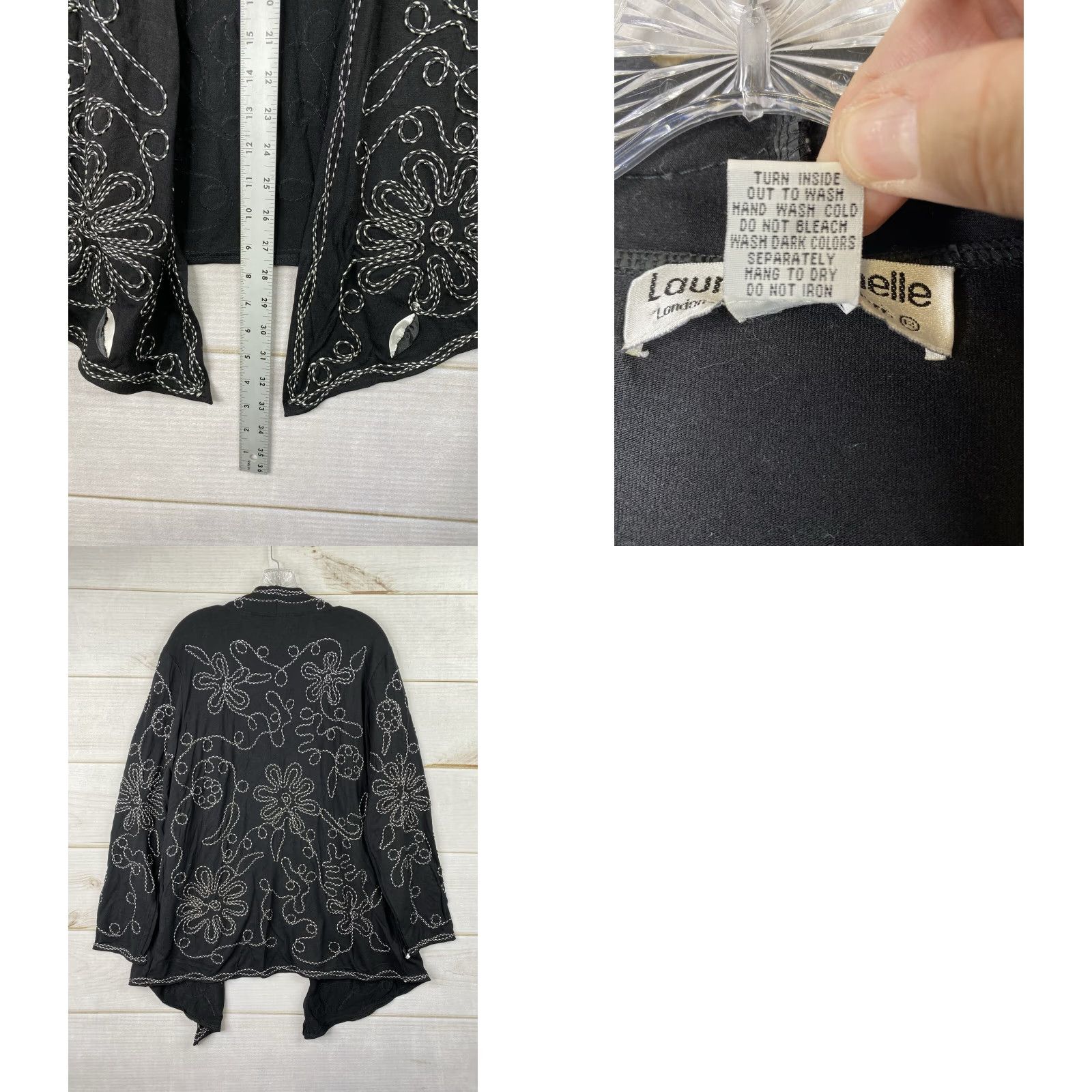 Vintage Lauren Michelle Cardigan Womens XL Black Embroidered Open Front Duster Jacket Size XL / US 12-14 / IT 48-50 - 8 Thumbnail
