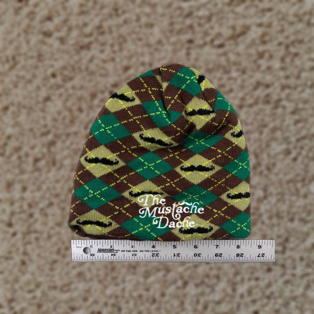 Vintage Mustache Dache Beanie Toque Hat Adult One Size Green Argyle Knit Acrylic Winter Casual Mens Size ONE SIZE - 1 Thumbnail