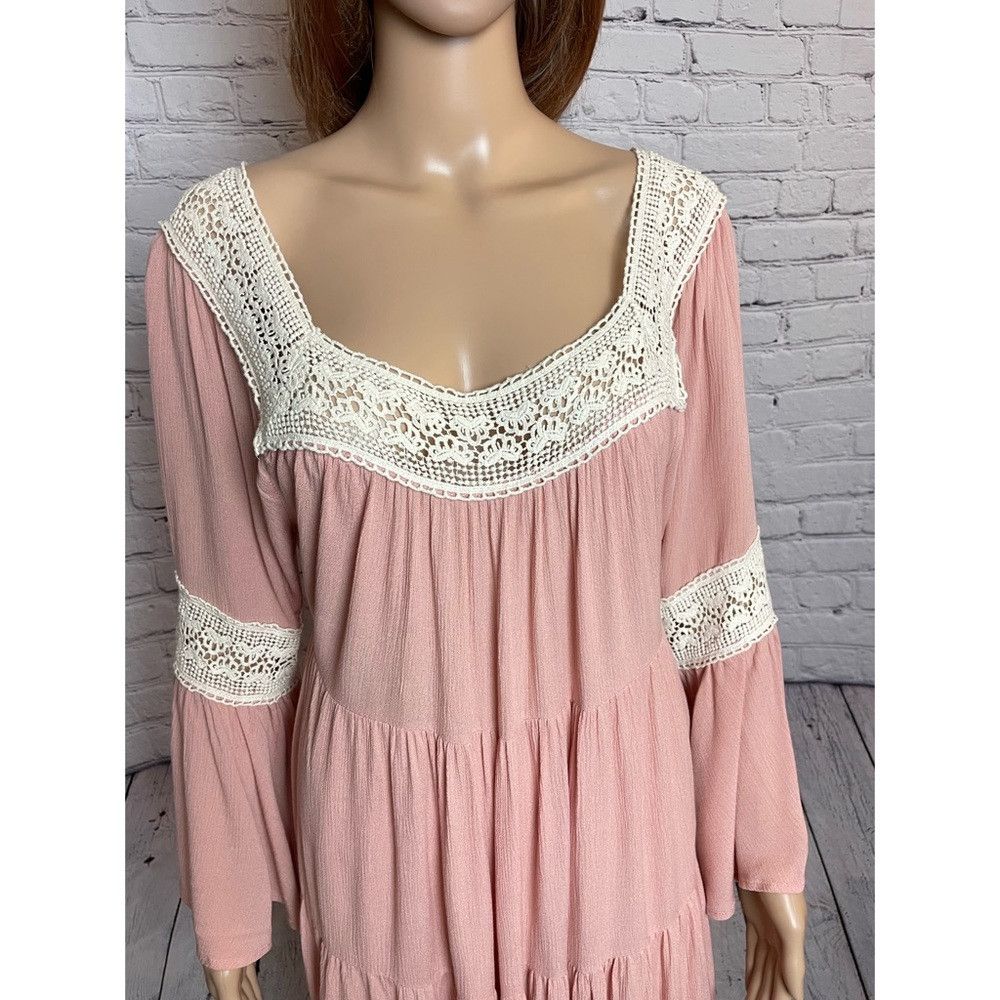 Other My Story Peach Tiered Bell Sleeve Crochet Trim Dress Size L Size L / US 10 / IT 46 - 2 Thumbnail