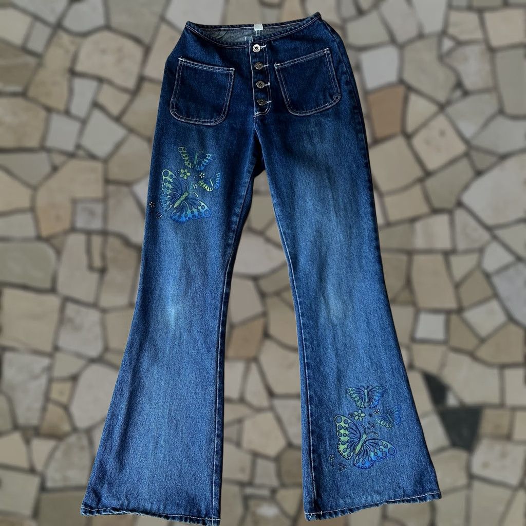 Bell VINTAGE Joy Jeans Bell Bottom Denim Blue Jean Butterfly’s Women’s Medium 24x31 Jeans 90s Grunge Boho Western Urban Fashion Mens Womens Girls Boys Size 32" / US 10 / IT 46 - 1 Thumbnail
