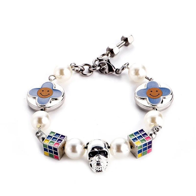 Jewelry × Vintage Petal Cross Wild Round Bead Skull Hip Hop Couple Bracelet Size ONE SIZE - 1 Thumbnail
