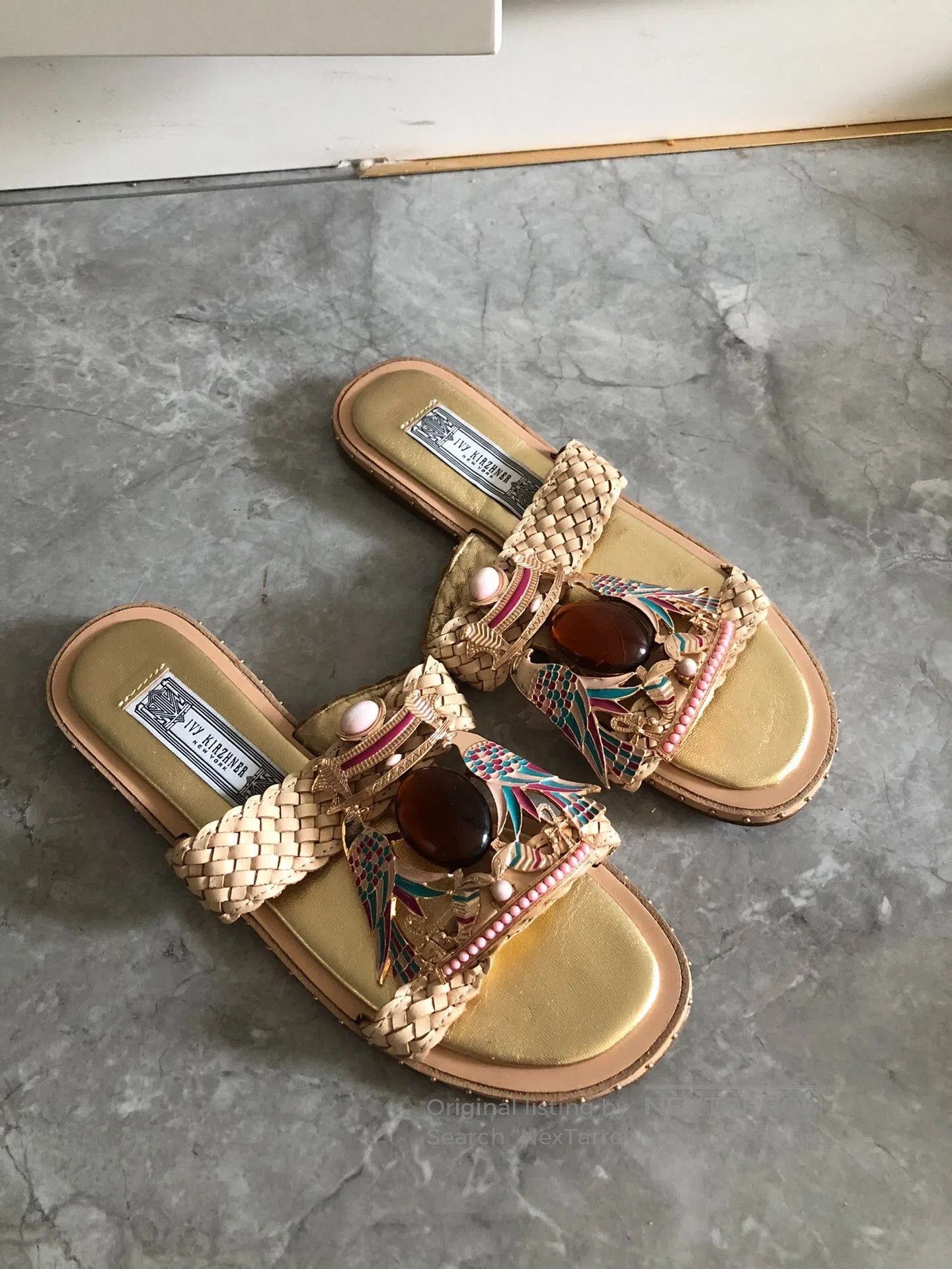 Japanese Brand Ivy Kirzhner Leather Gem-Embellished Slippers. Size US 5 / IT 35 - 1 Thumbnail