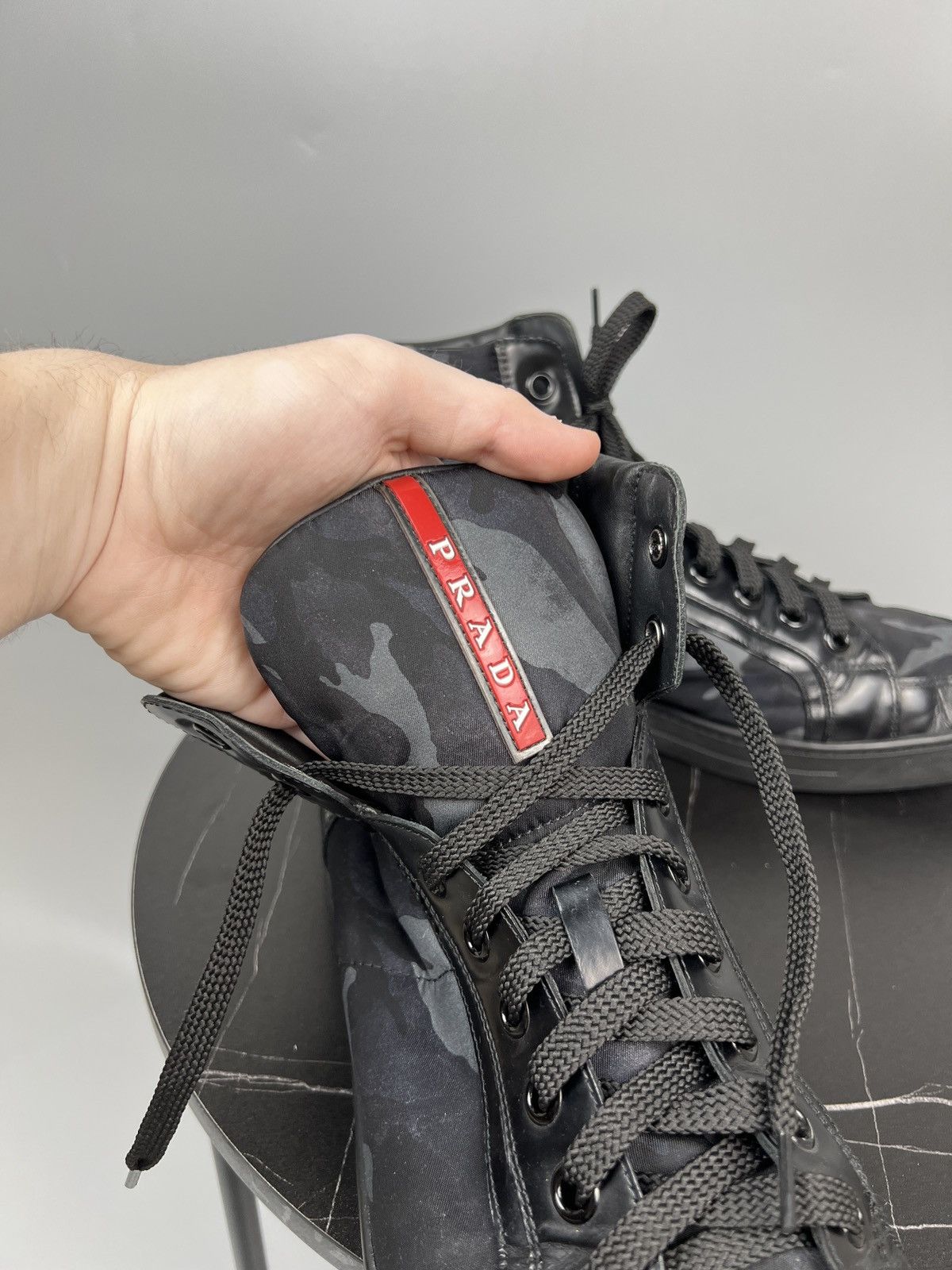 Prada Vintage Prada Red Tab Hi Top Camo Sneakers Size US 12 / EU 45 - 11 Thumbnail