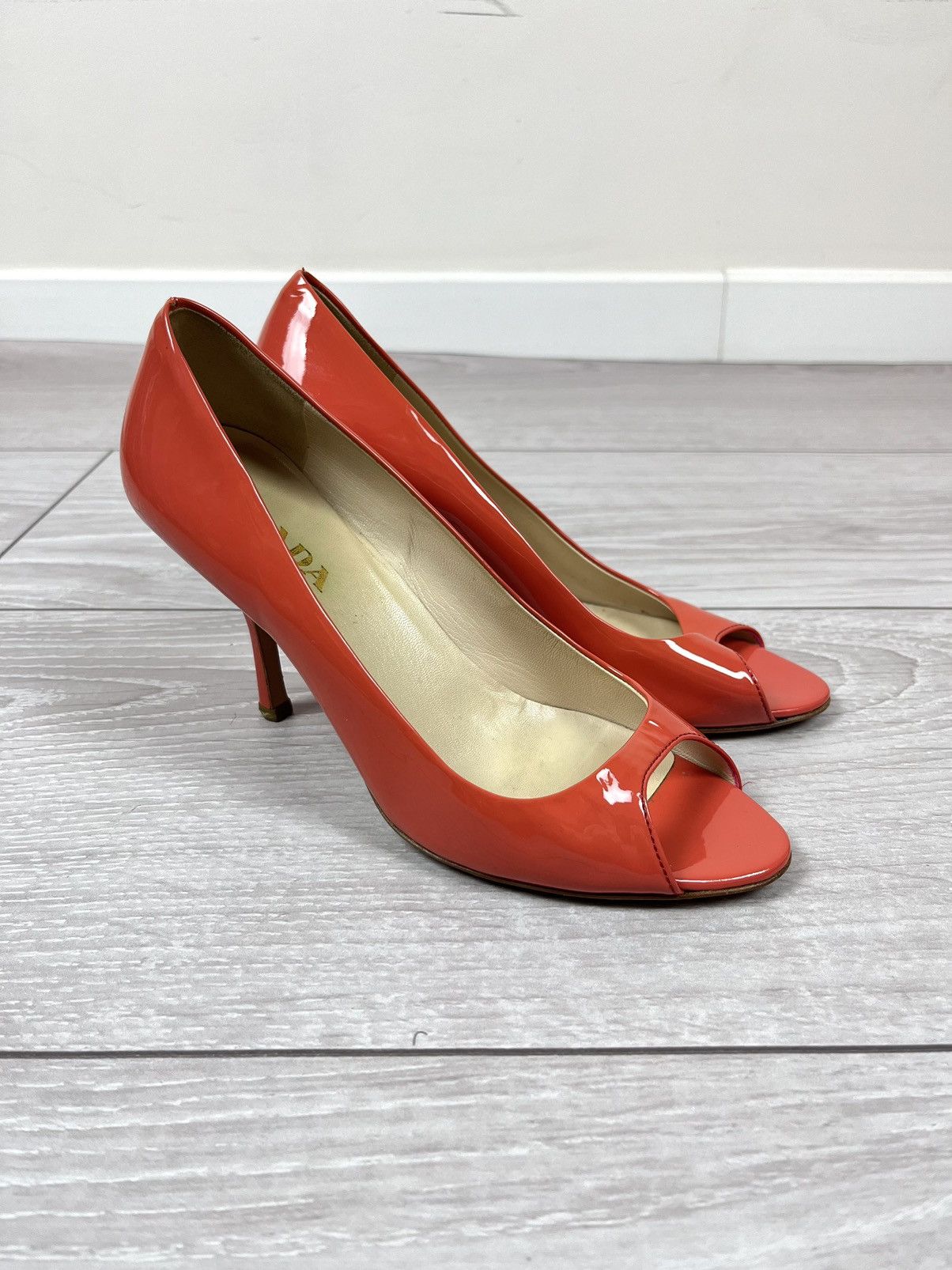 Prada Prada Leather Peep Toe Pumps Heels Coral Shoes Womens Size US 5.5 / IT 35.5 - 1 Thumbnail