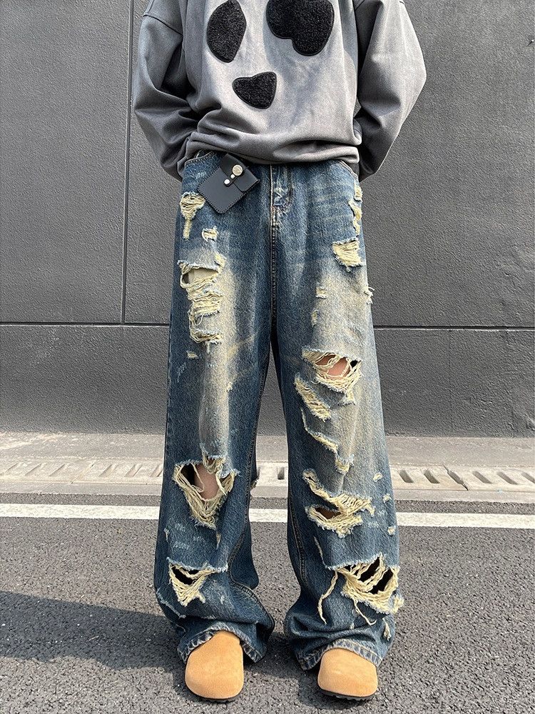 Japanese Brand Men's high street washed loose straight casual ripped jeans Size US 32 / EU 48 - 1 Thumbnail
