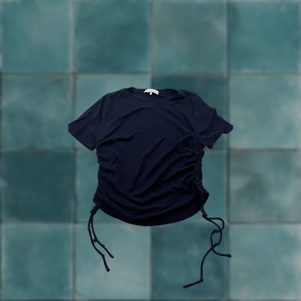 Vintage WAYF Shirt Womens Large Navy Blue Ruched Drawstring Side Ribbed Stretch Tee Top Size L / US 10 / IT 46 - 1 Thumbnail