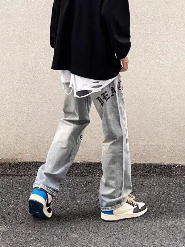 Japanese Brand Vintage washed embroidered ripped straight-leg jeans Size US 31 - 2 Thumbnail