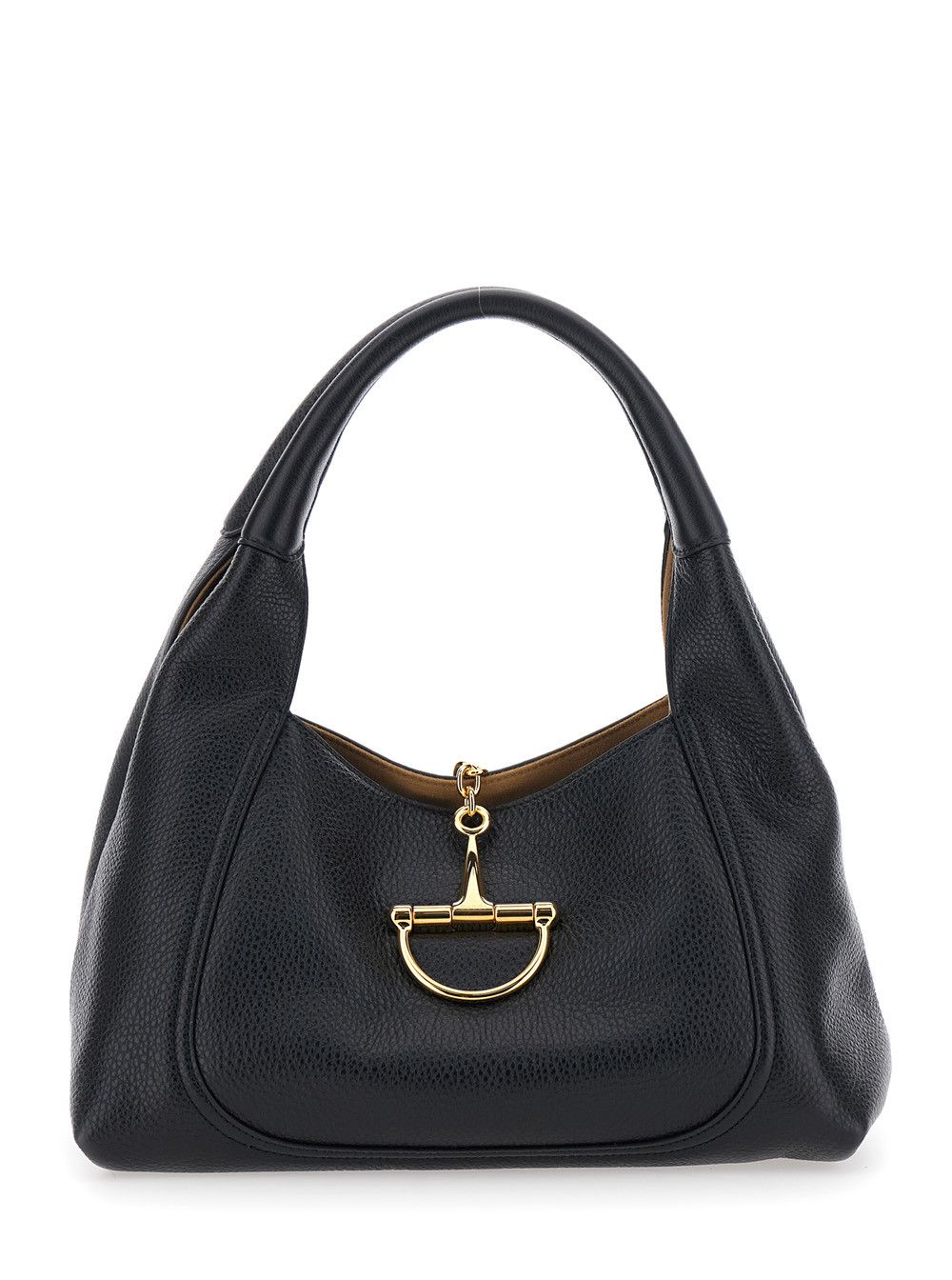 'Softbit Large' Black Shoulder Bag with Maxi Metal Clamp in Hammered Leather Woman