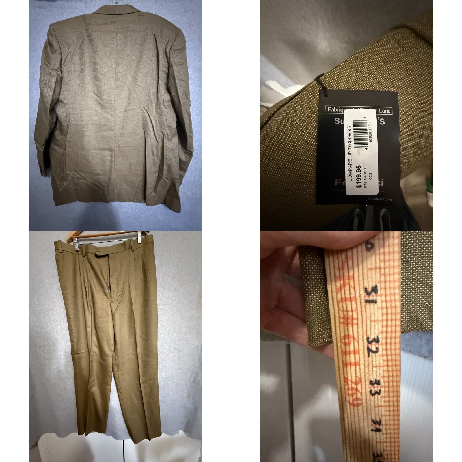 Vintage Ferretti Uomo Suit Men's Italian Gold Merino Wool 46 R Jacket 43L Pants NWT Size 46R - 10 Thumbnail