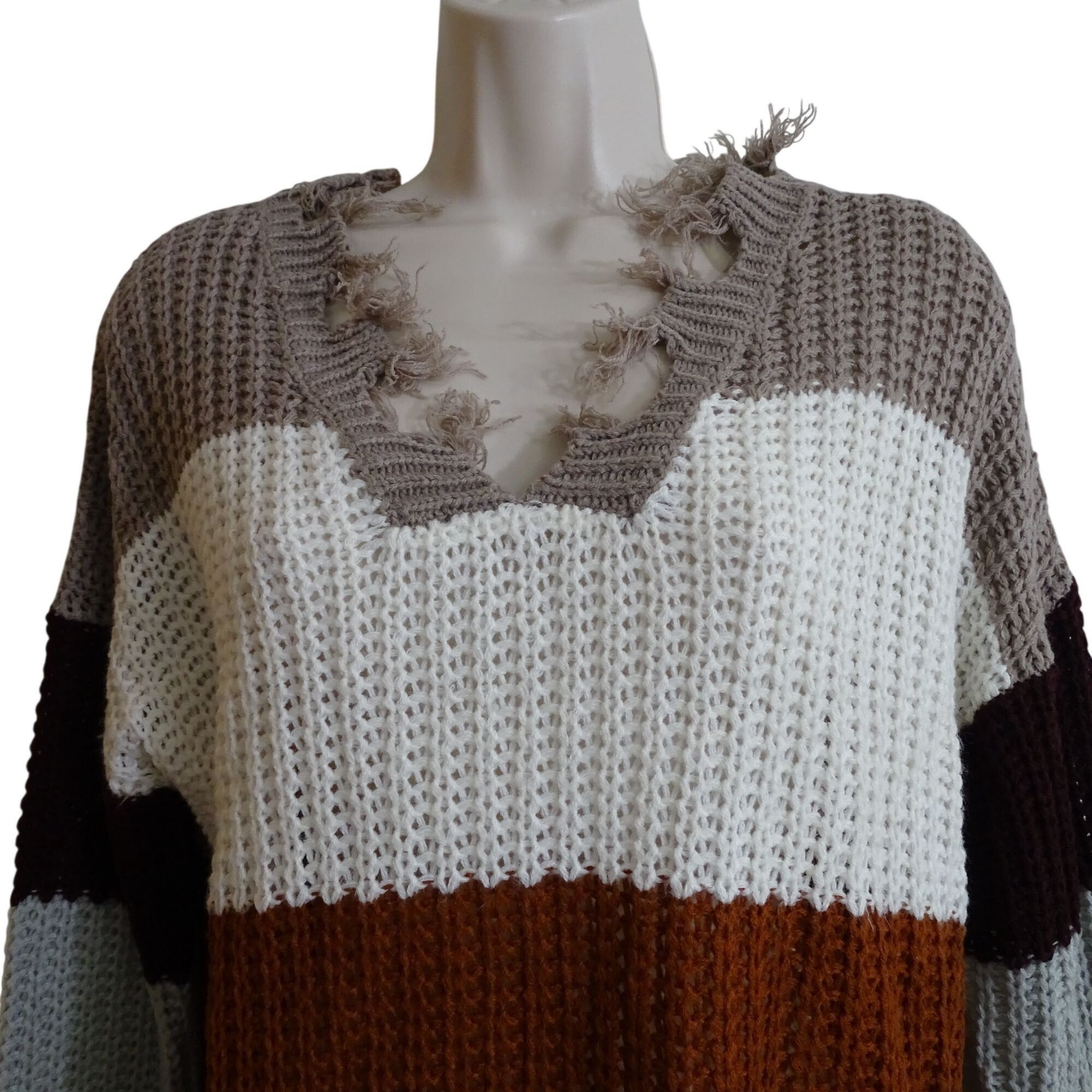 Other Runway 7 Striped Knit Sweater Brown Tan Frayed V-Neck Size M Size M / US 6-8 / IT 42-44 - 2 Thumbnail