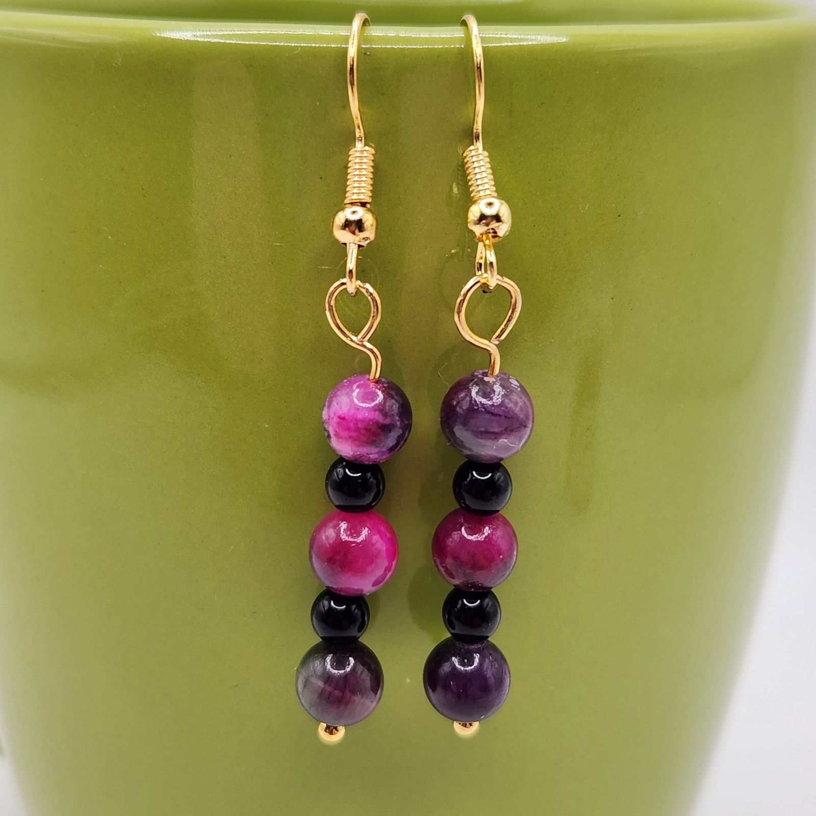 Other Handmade Multicolored Jade and Black Amethyst Earrings 2" Size ONE SIZE - 2 Thumbnail