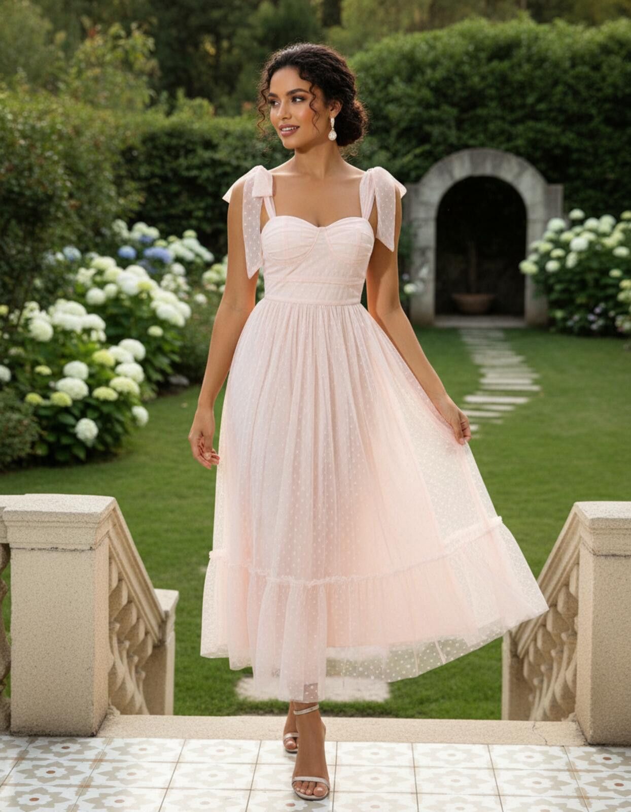 Other Elegant Light Pink Midi Dress with Bow Shoulder Straps XL Size XL / US 12-14 / IT 48-50 - 2 Thumbnail