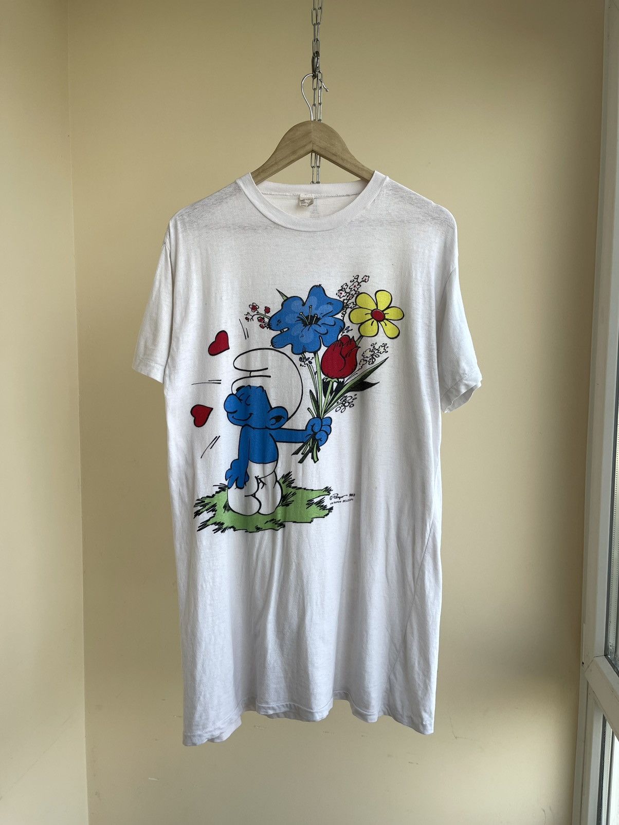 Vintage The Smurfs Enamoured Print by Peyo T-Shirt Belokapi 1983 80s Size US L / EU 52-54 / 3 - 1 Thumbnail