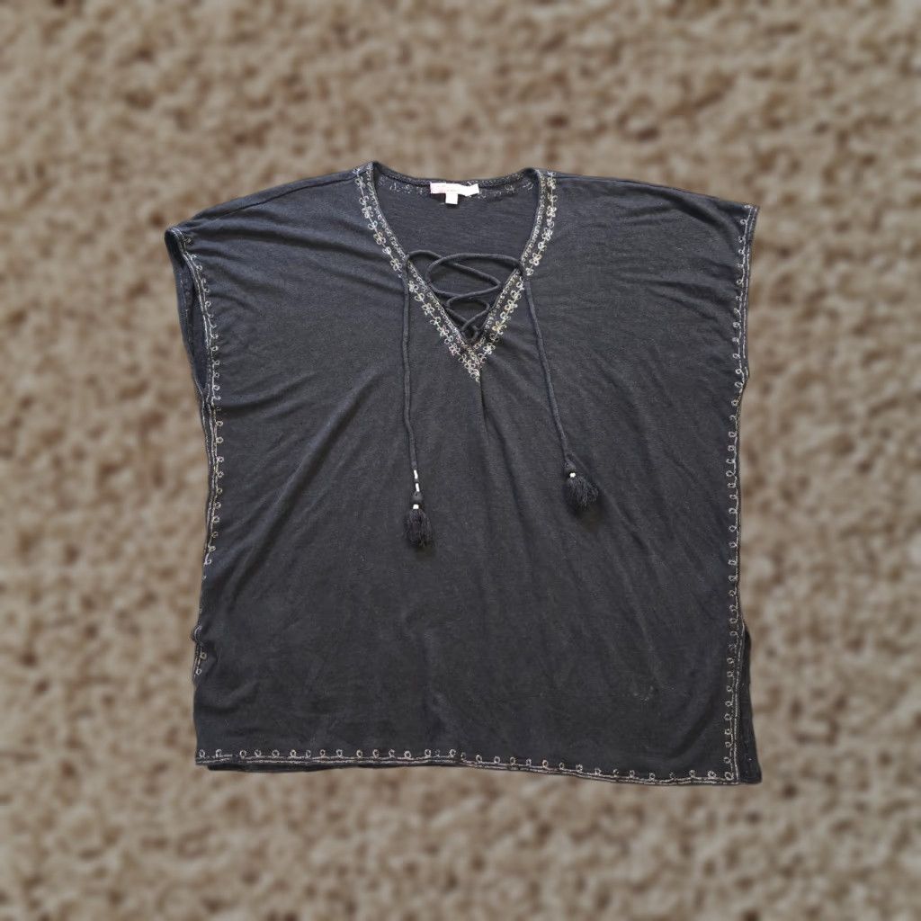 Vintage Calypso St Barth Blouse Shirt Womens Size S Black Linen Embroidered Boxy Boho Beachy Tunic Short Sleeve V-Neck Beach Summer Bohemian Mens? Size S / US 4 / IT 40 - 1 Thumbnail