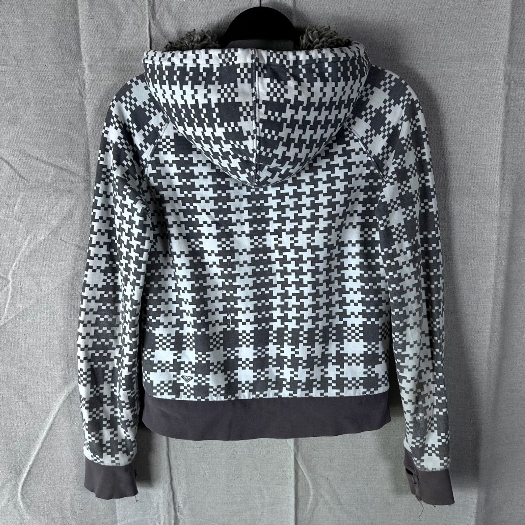 Vintage Roxy Hoodie Full Zip Houndstooth Sherpa Lined Grey White Vintage Y2K ST Small Womens Size S / US 4 / IT 40 - 3 Thumbnail