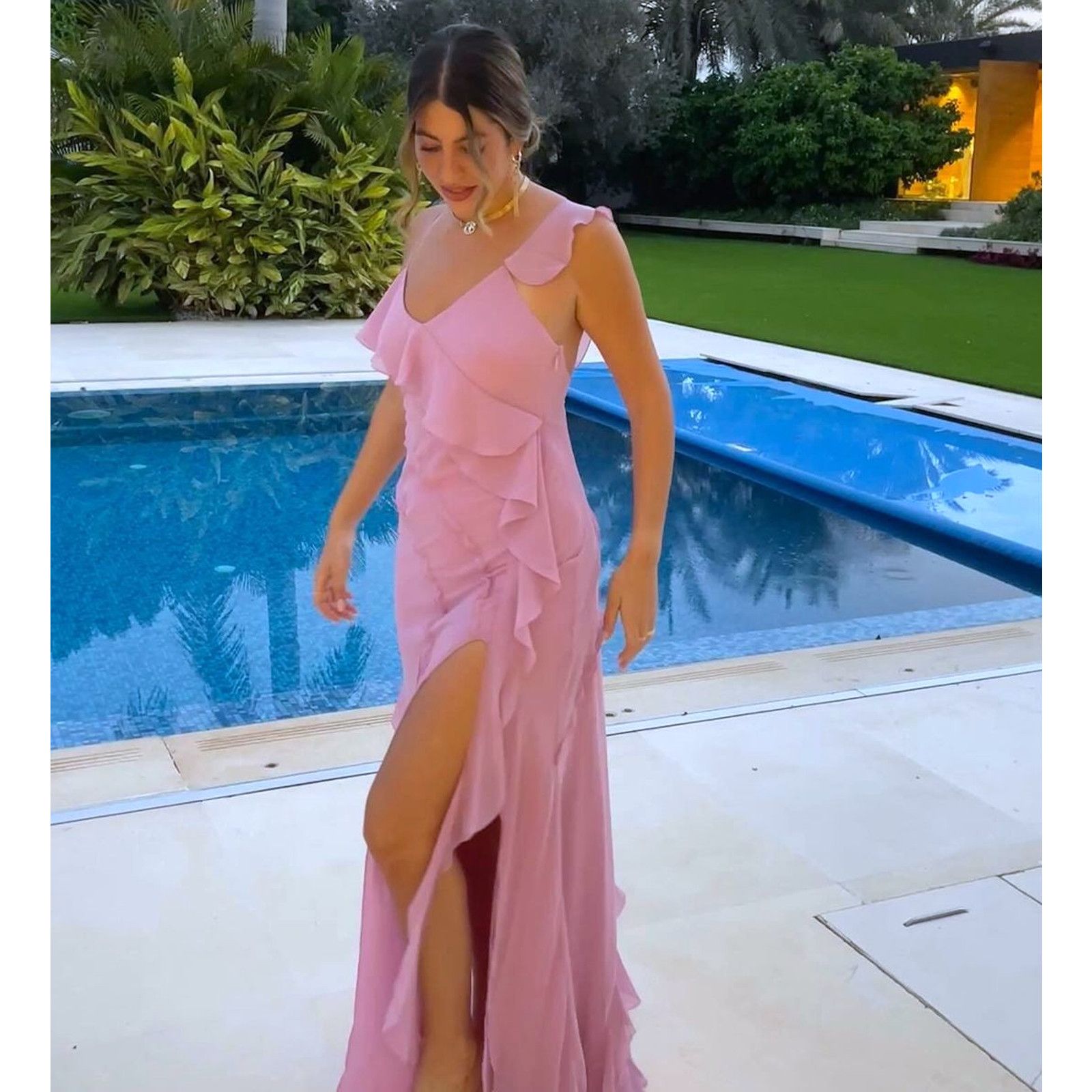 pink flowy maxi dress Designer Plunging V Neck Dress | Flowy Maxi Dress