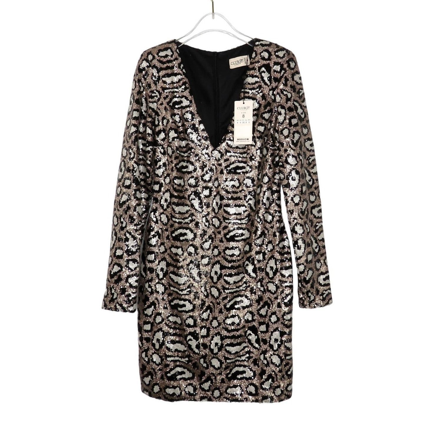 Club L Leopard Print Sequin Plunge Neck MINI Dress 4
