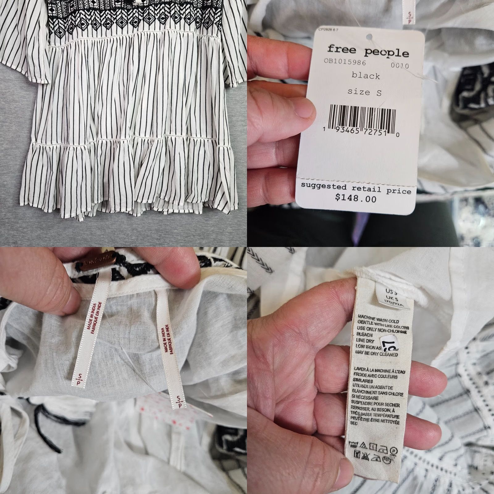Free People Free People Lola Black White Stripes Boho Dress Sz S Embroidered Bell Sleeve NEW Size S / US 4 / IT 40 - 8 Thumbnail