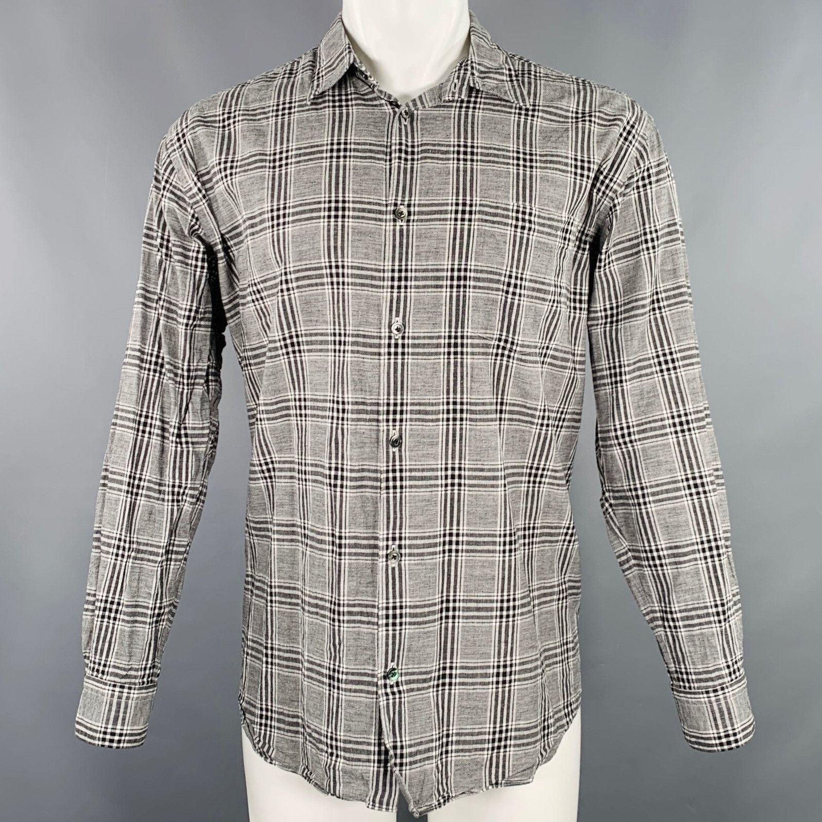 Black White Plaid Cotton Linen One Pocket Long Sleeve Shirt