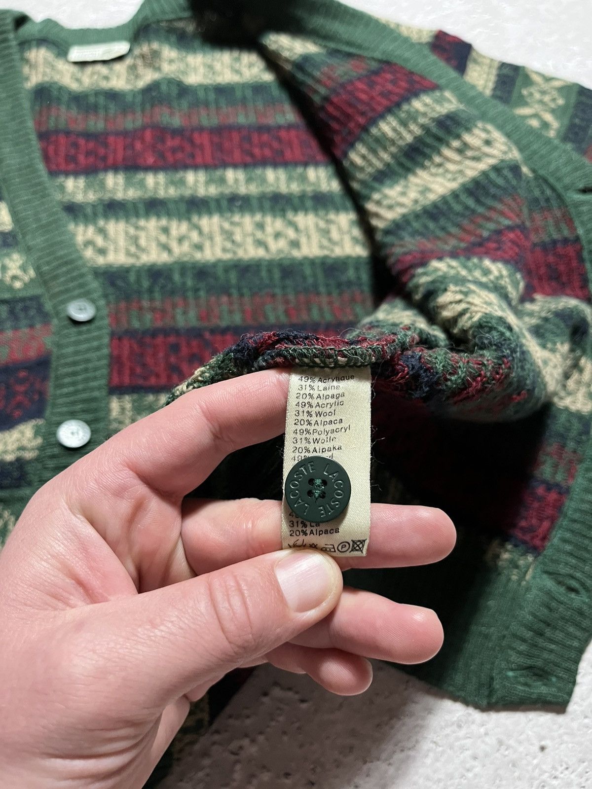 Lacoste × Vintage Vtg Lacoste Fair Isle Knit Cardigan Green Red Alpaca Wool Size US L / EU 52-54 / 3 - 9 Thumbnail