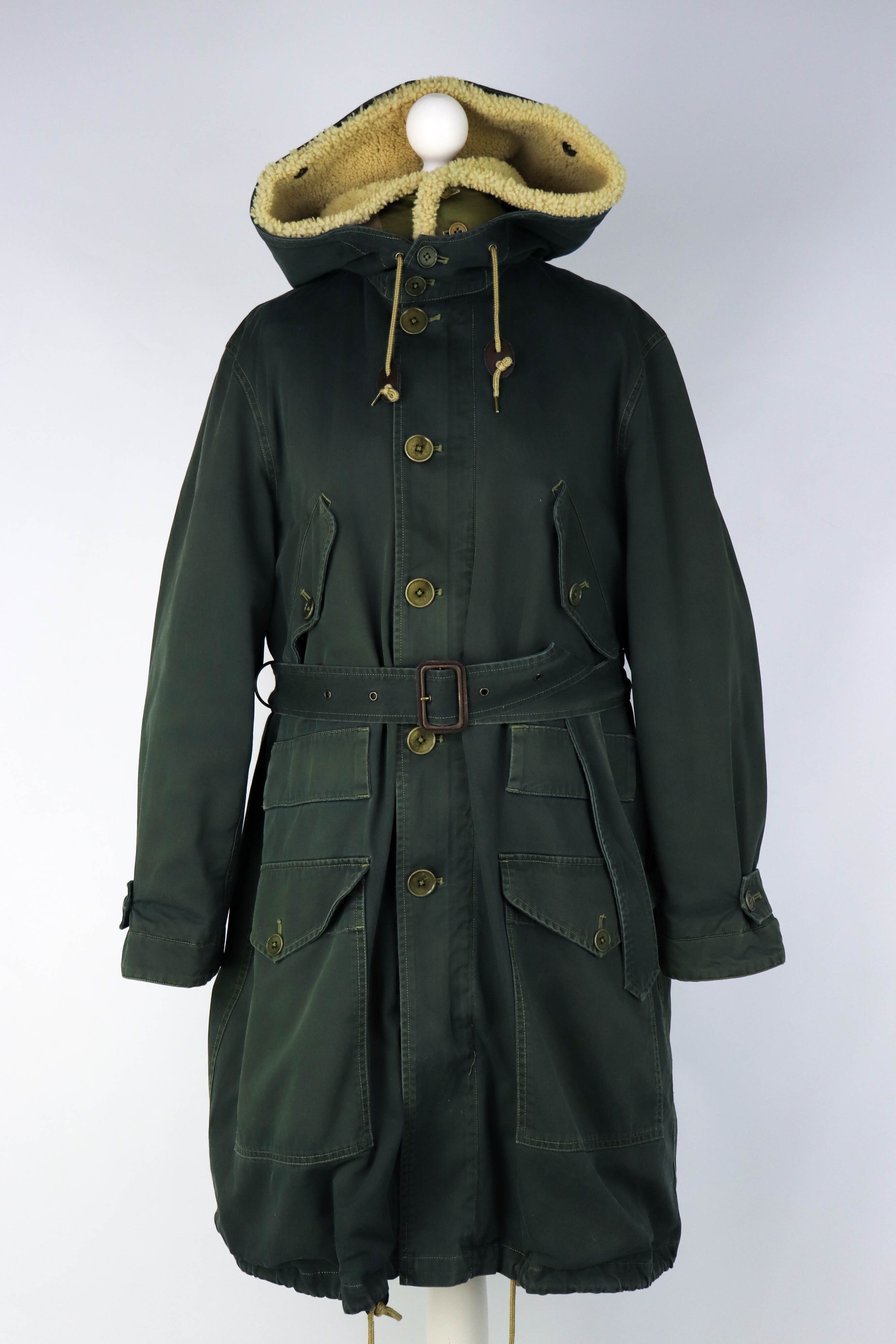 Ralph Lauren 90s Vintage Ralph Lauren Shearling Liner Green Belted Coat Size L / US 10 / IT 46 - 1 Thumbnail