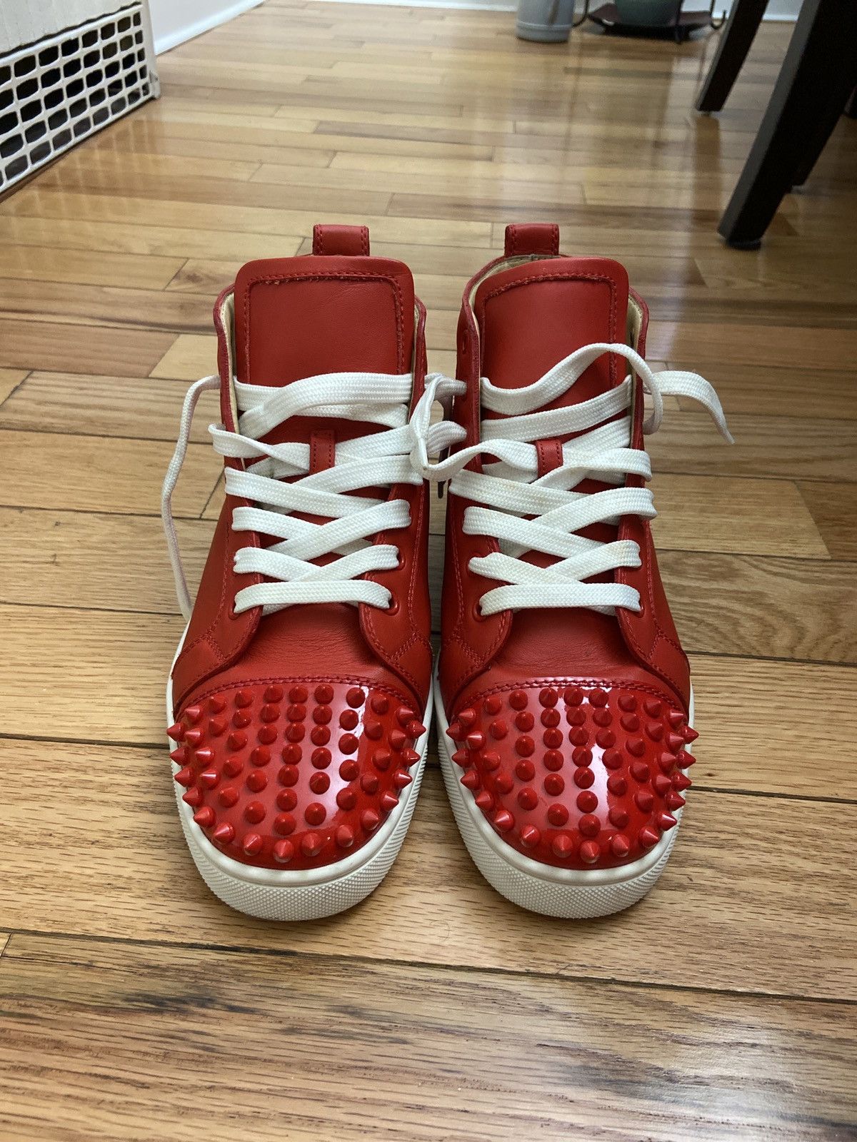 image of Christian Louboutin High-Top Red & White Sneakers in Red/White, Men's (Size 7)
