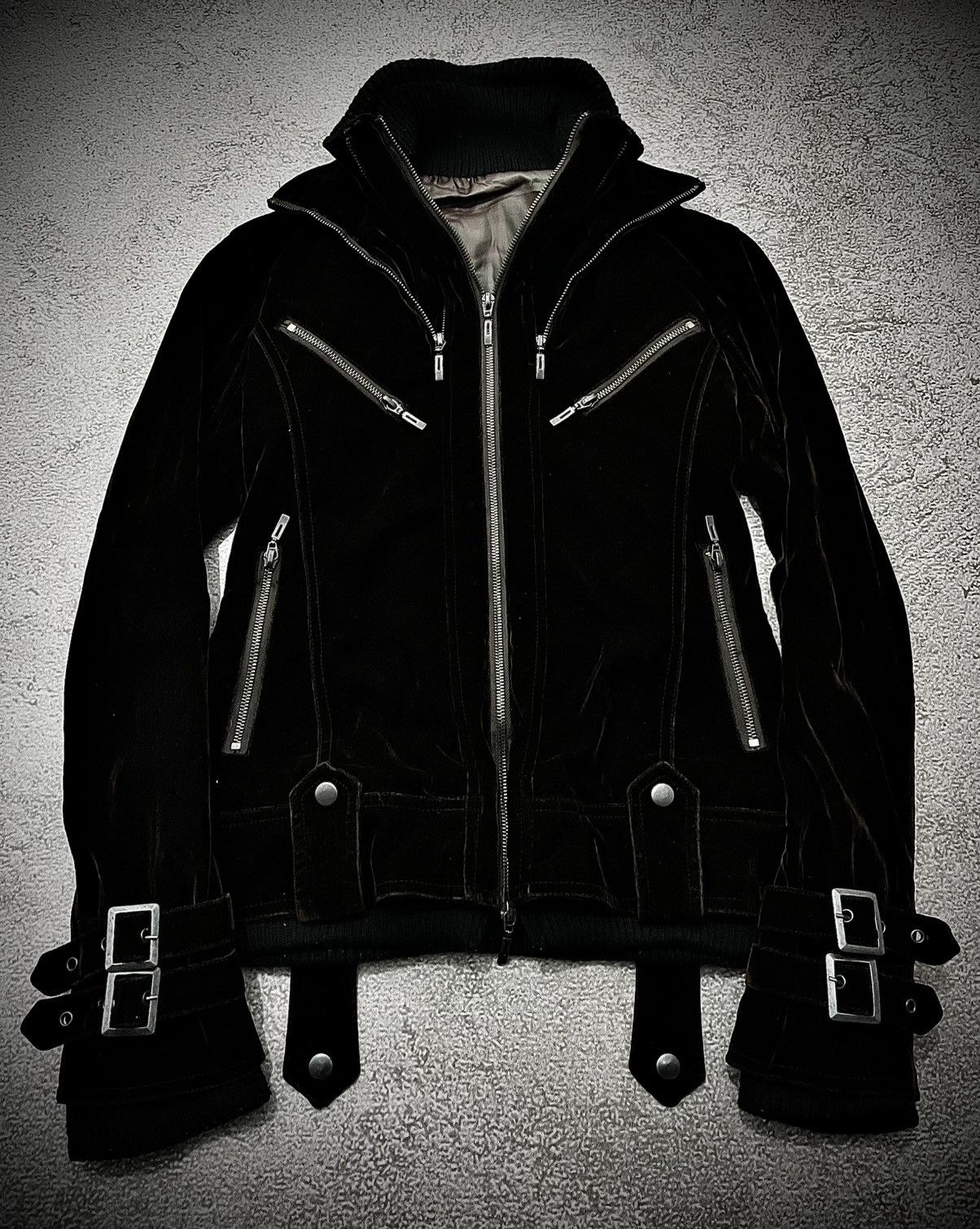 2000s Vkei Point Chary Velvet Double Collar Bikers Jacket