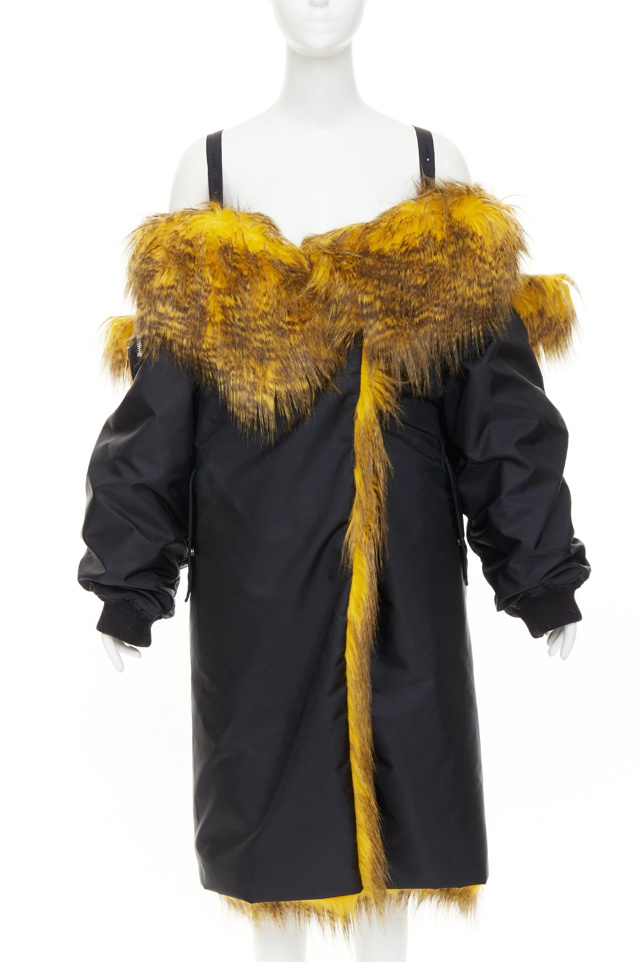 Prada rare PRADA 2021 Raf Simons Runway yellow faux fur black oversized off shoulder bomber coat IT36 XXS Size XS / US 0-2 / IT 36-38 - 1 Thumbnail