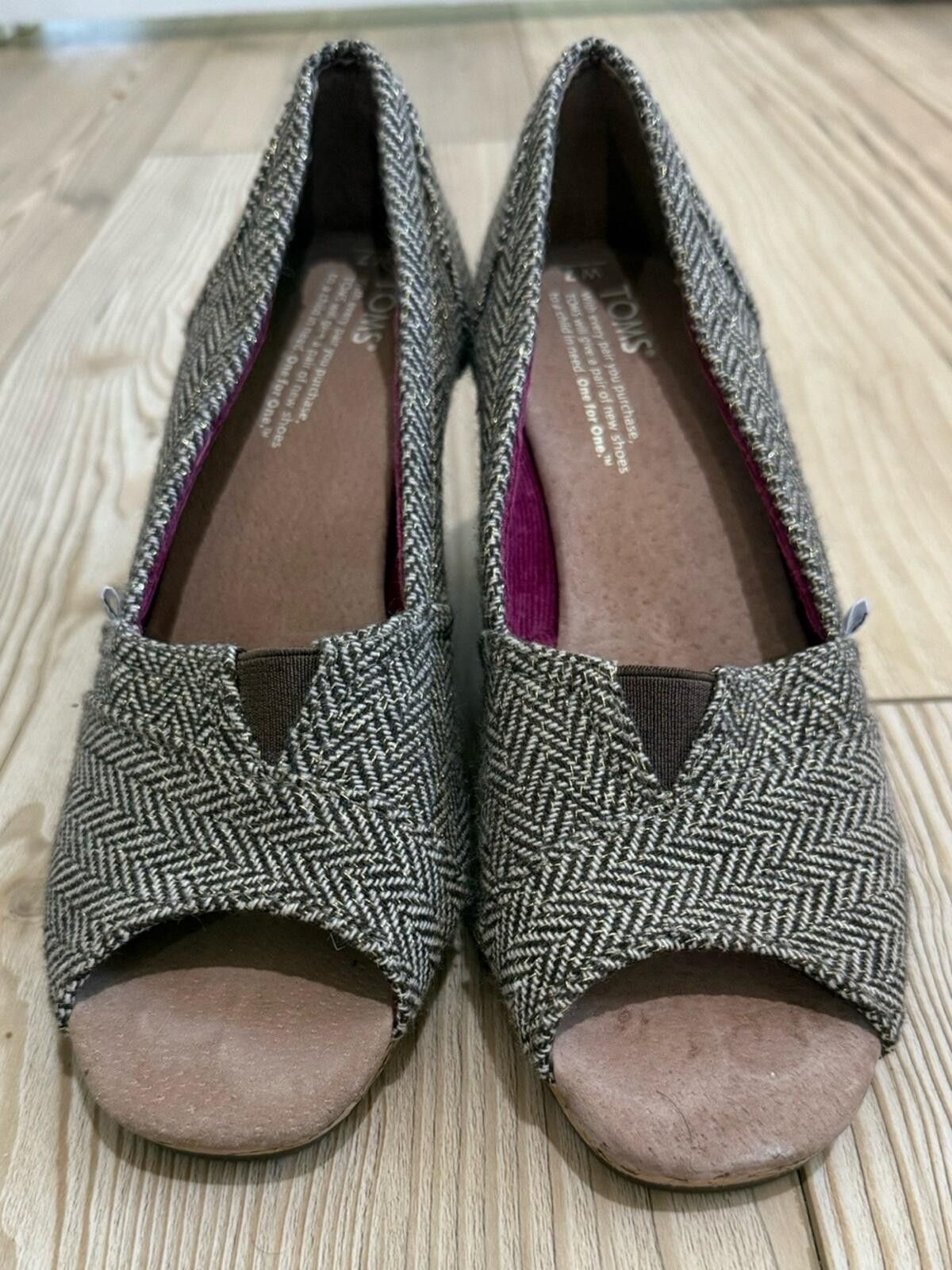 Toms TOMS Brown Herringbone Cork Wedge Peep-Toe Shoes Size US 7 / IT 37 - 2 Thumbnail