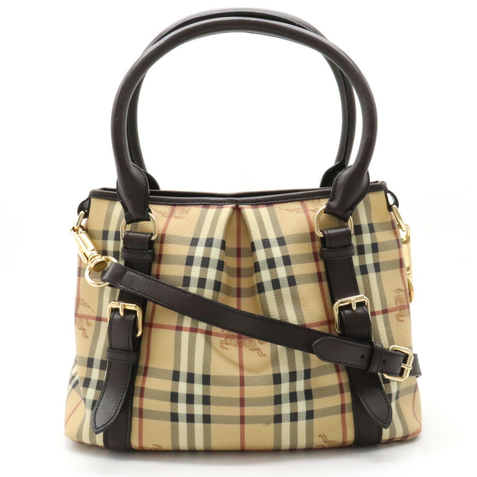 image of Burberry Nova Plaid Tote Bag Shoulder Pvc Leather Beige Dark Brown, Women's